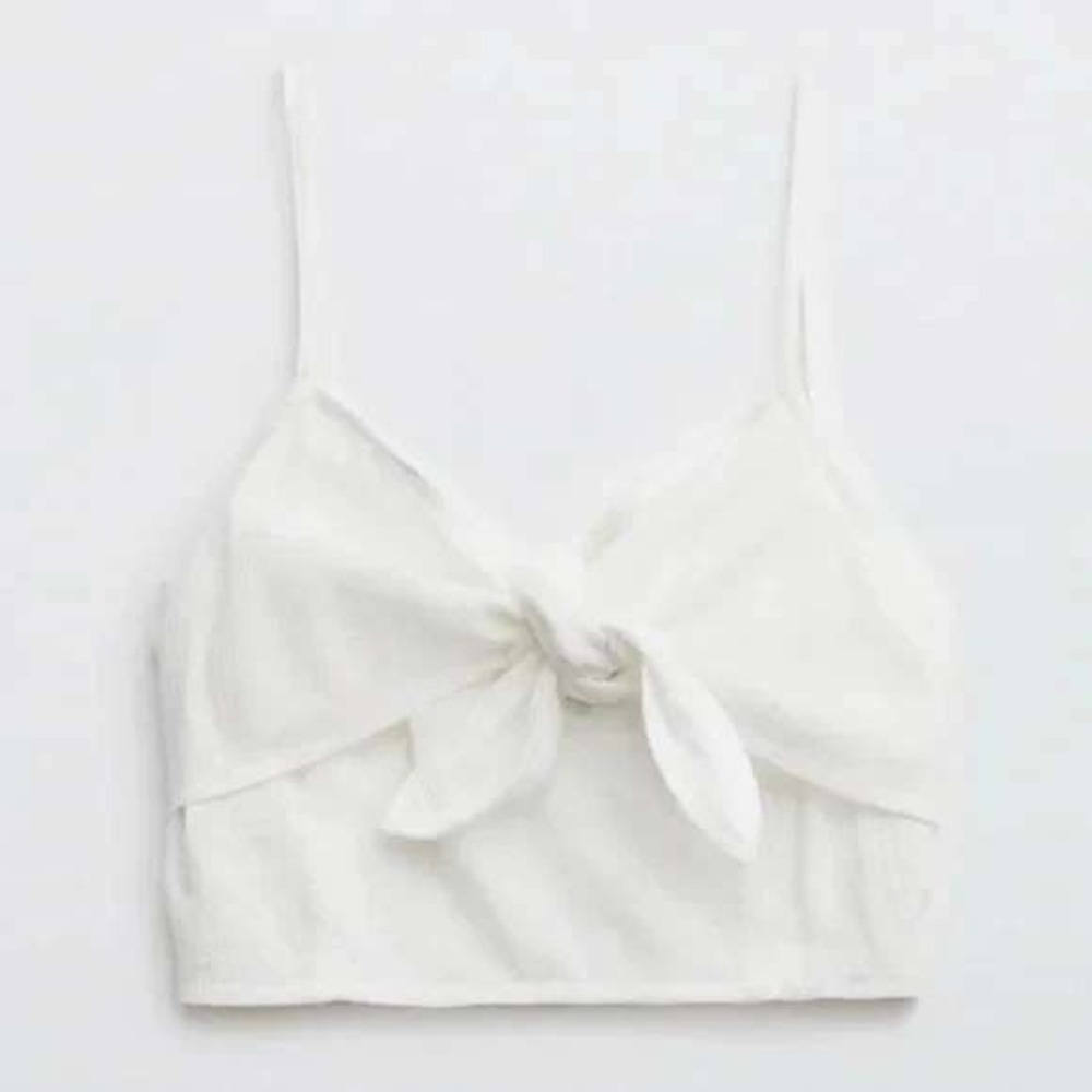 Aerie White Tie Front Smocked Back Y2K Coquette Neutral Crop Top Small Casual